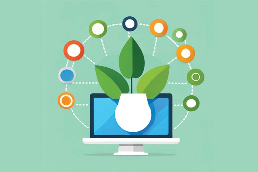 green digital marketing image with a plant on top of a computer