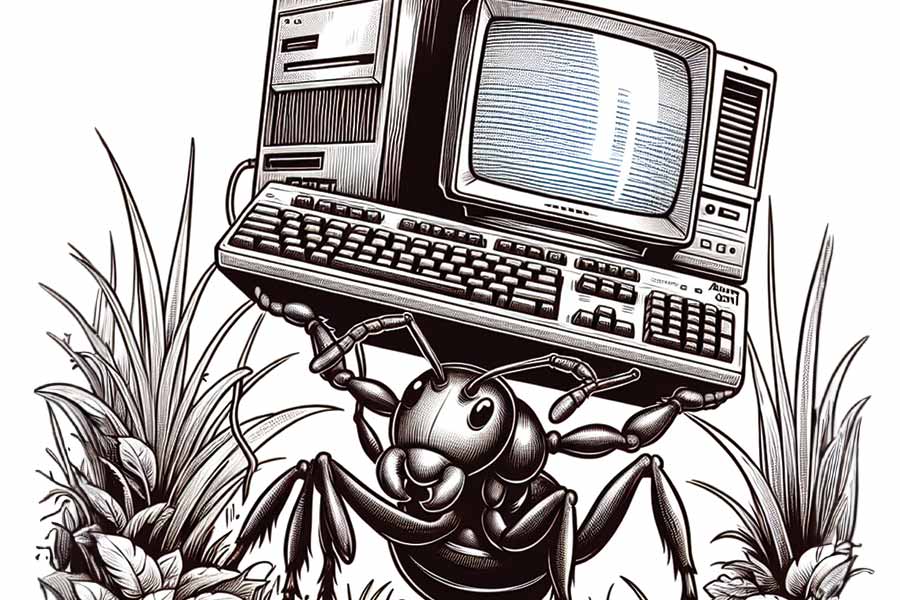 A cartoon Ant holding a retro computer - AI Generated - Highlighting the question, what is parasite SEO