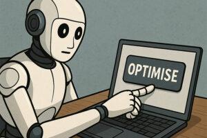 Ai Max For Search Blog Image Of A Robot Sat At A Computer Pressing A Button Labelled Optimise
